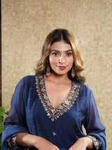 Navy Blue Mal Chanderi Embroided Suit Set
