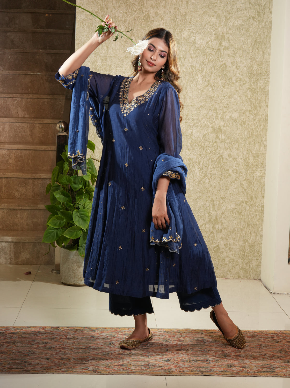 Navy Blue Mal Chanderi Embroided Suit Set