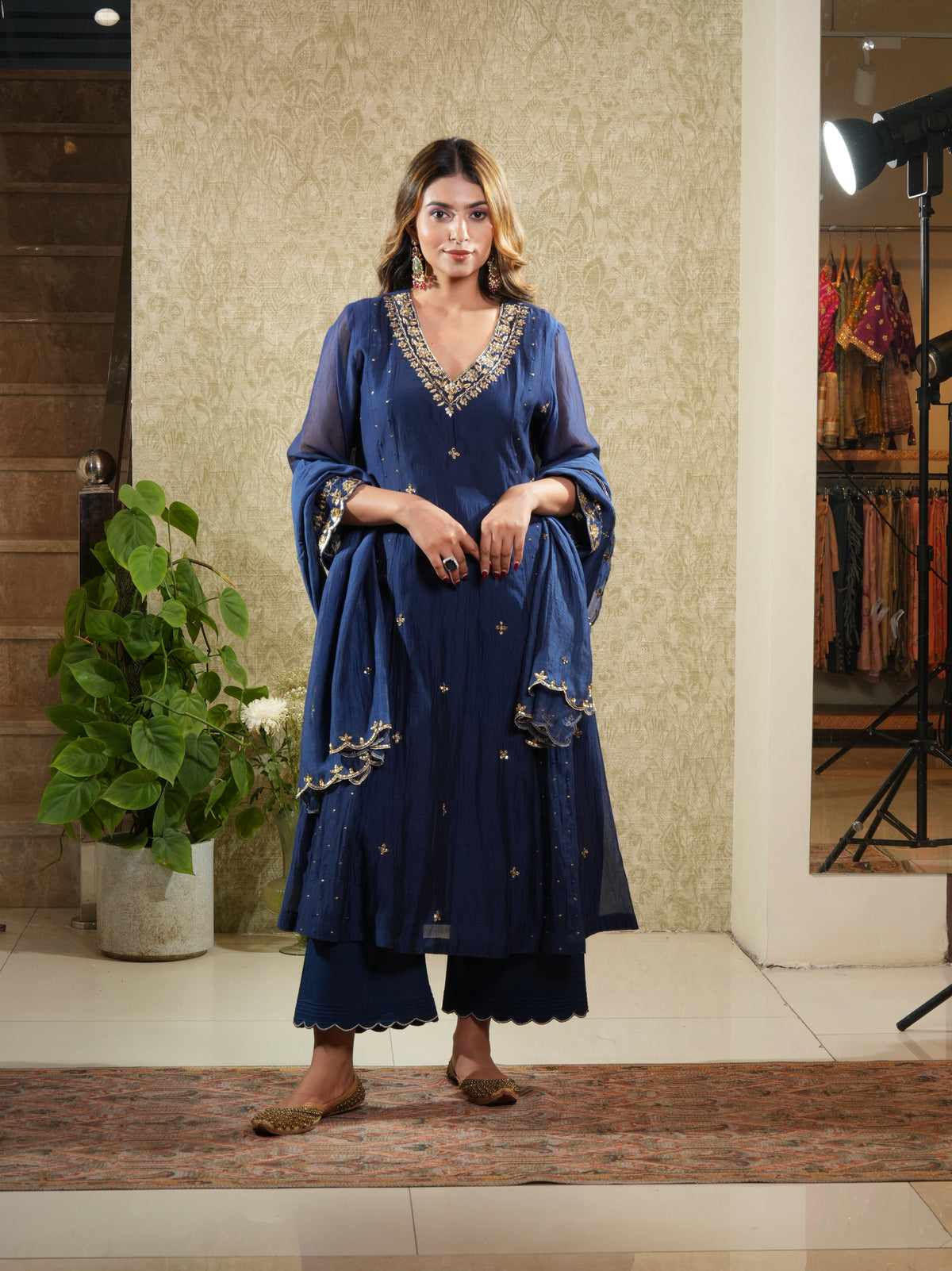 Navy Blue Mal Chanderi Embroided Suit Set