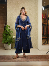 Navy Blue Mal Chanderi Embroided Suit Set