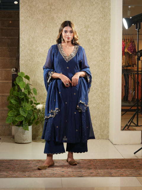 Navy Blue Mal Chanderi Embroided Suit Set