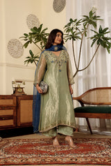 Taraash-Pure Tissue Suit Set With Blue Piping With Golden Dupatta