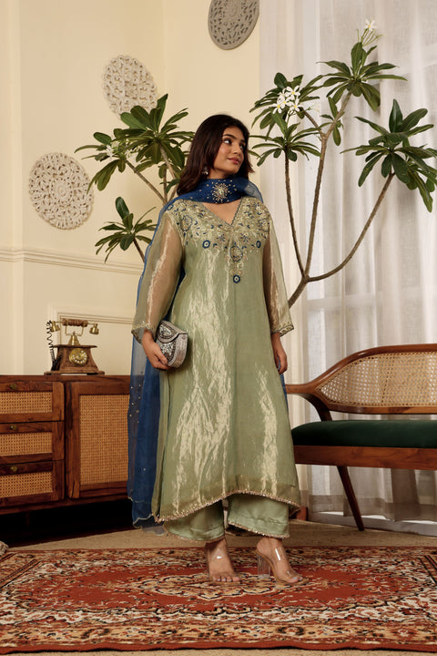 Taraash-Pure Tissue Suit Set With Blue Piping With Golden Dupatta