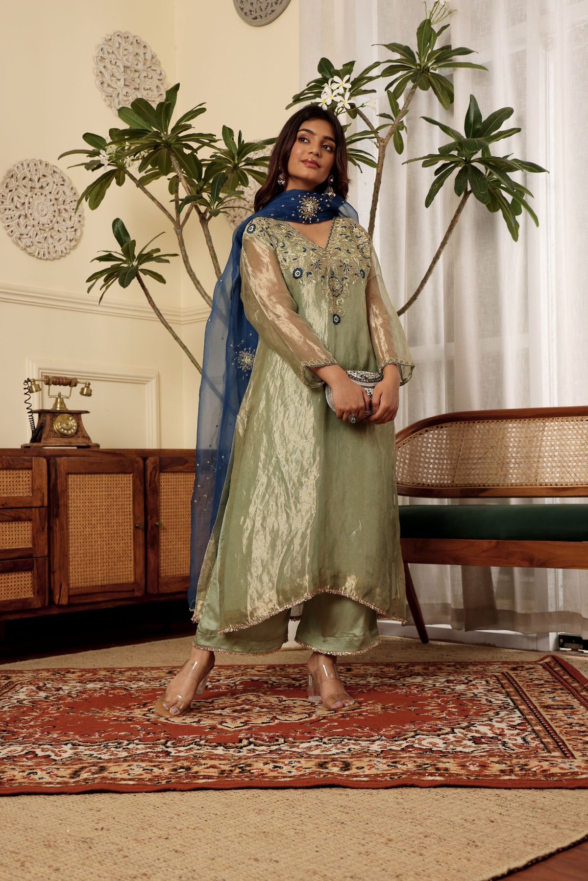 Taraash-Pure Tissue Suit Set With Blue Piping With Golden Dupatta
