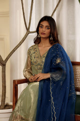 Taraash-Pure Tissue Suit Set With Blue Piping With Golden Dupatta