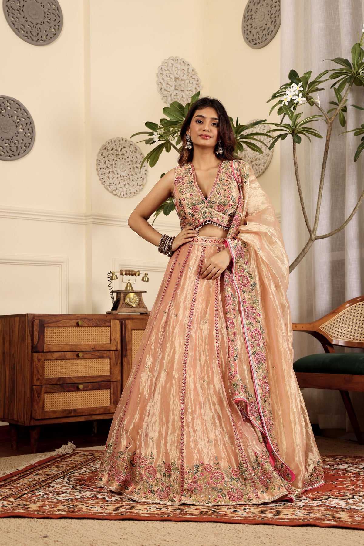 Taraash-Pure Tissue Lehenga With Hand And Machine Embroidery + Padded Blouse