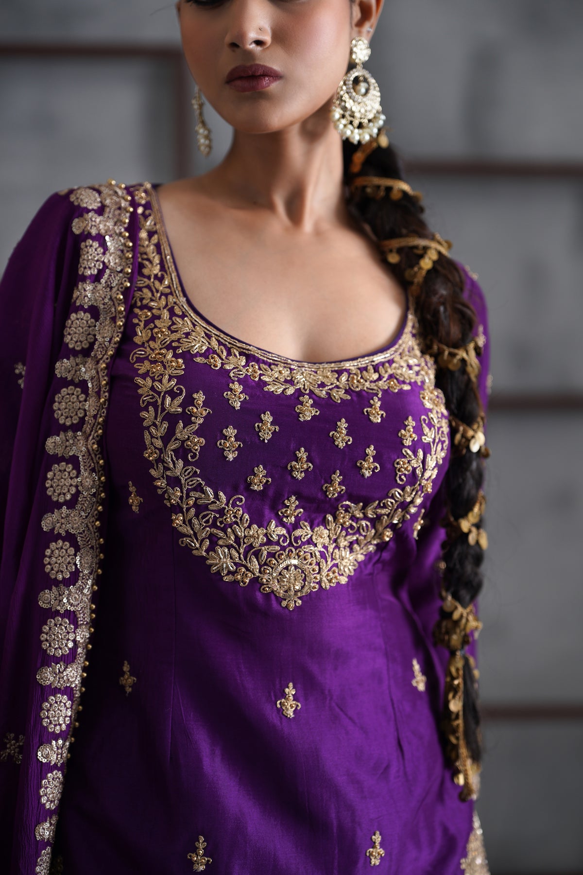 Purple Embroidered Kurti, Sharara And Dupatta
