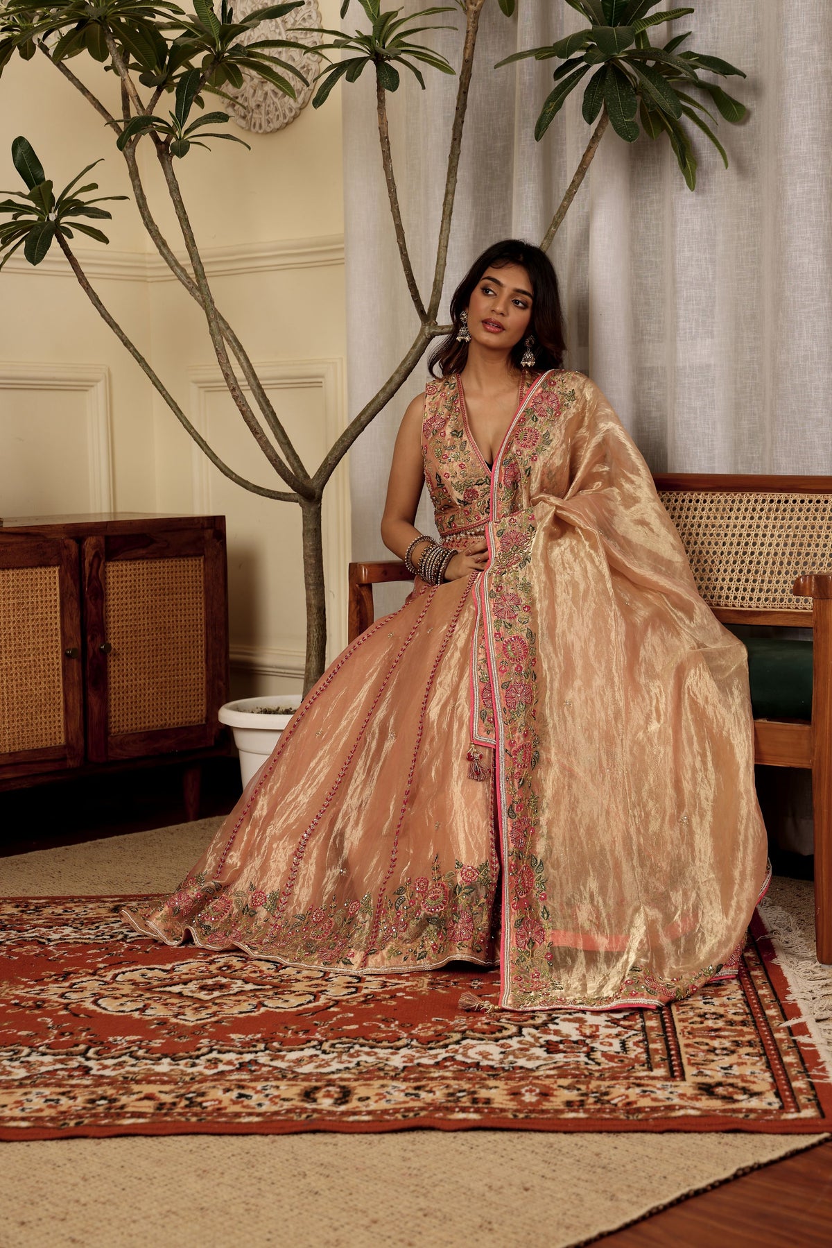 Taraash-Pure Tissue Lehenga With Hand And Machine Embroidery + Padded Blouse