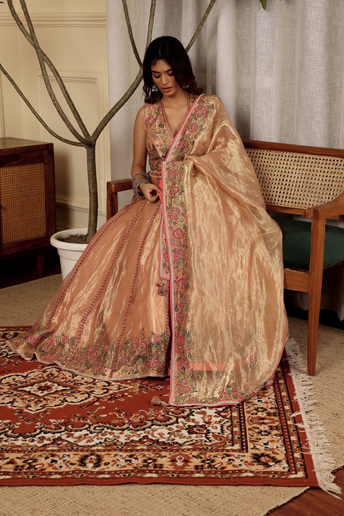 Taraash-Pure Tissue Lehenga With Hand And Machine Embroidery + Padded Blouse