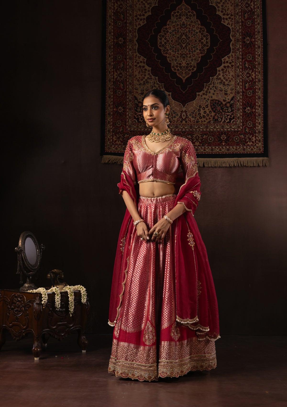 Cherry Pink Zardozi Banarasi Silk Lehenga Set