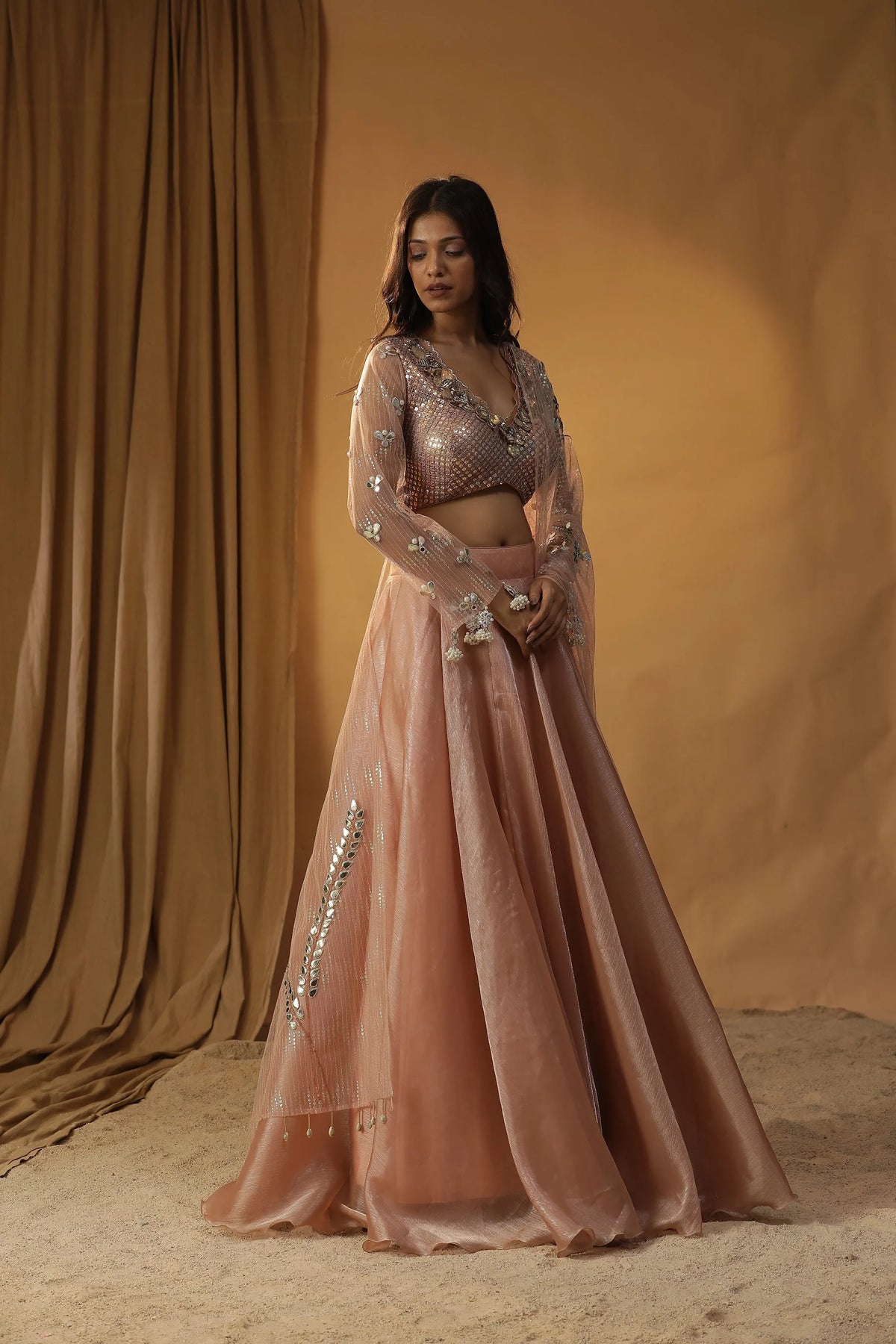 Peach Organza Lehenga Set