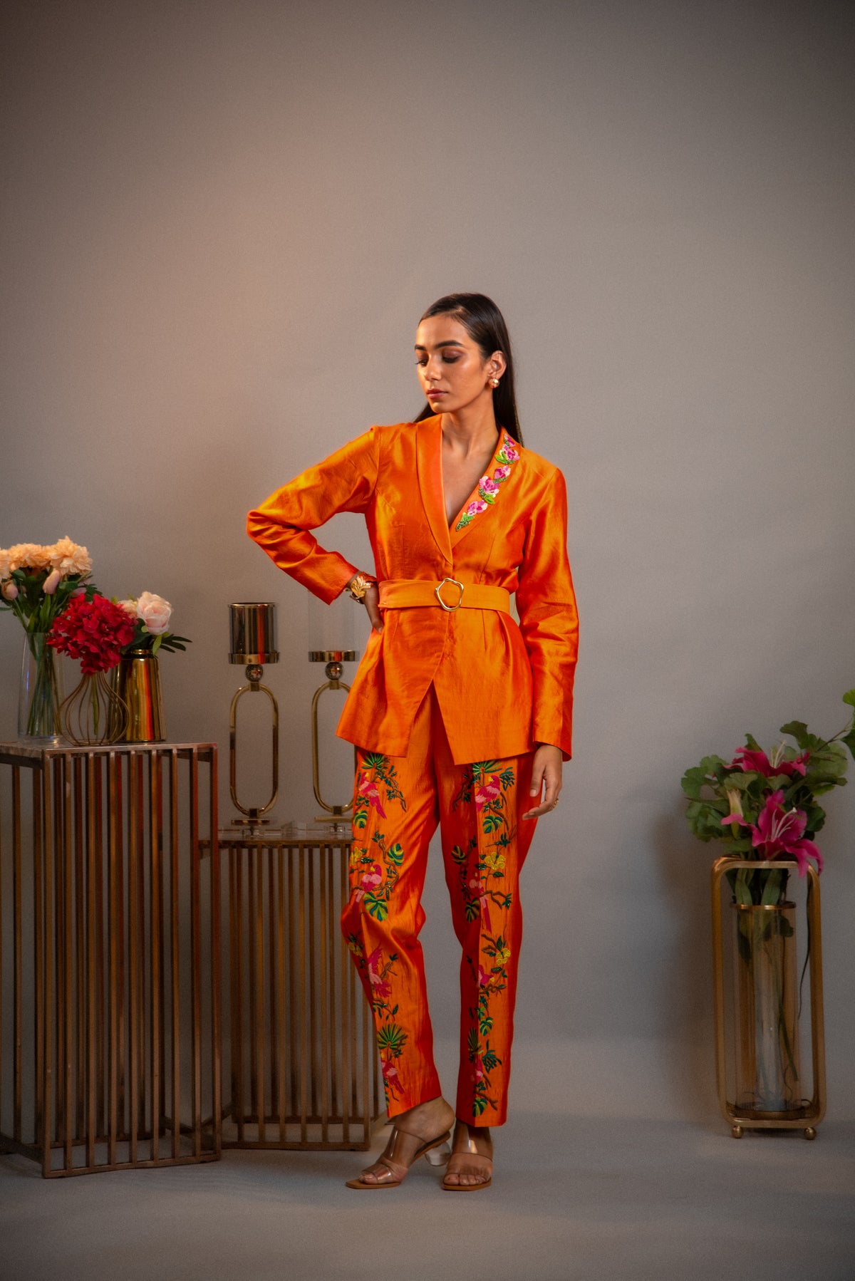 Tangerine Embroidered Blazer Co-ord Set