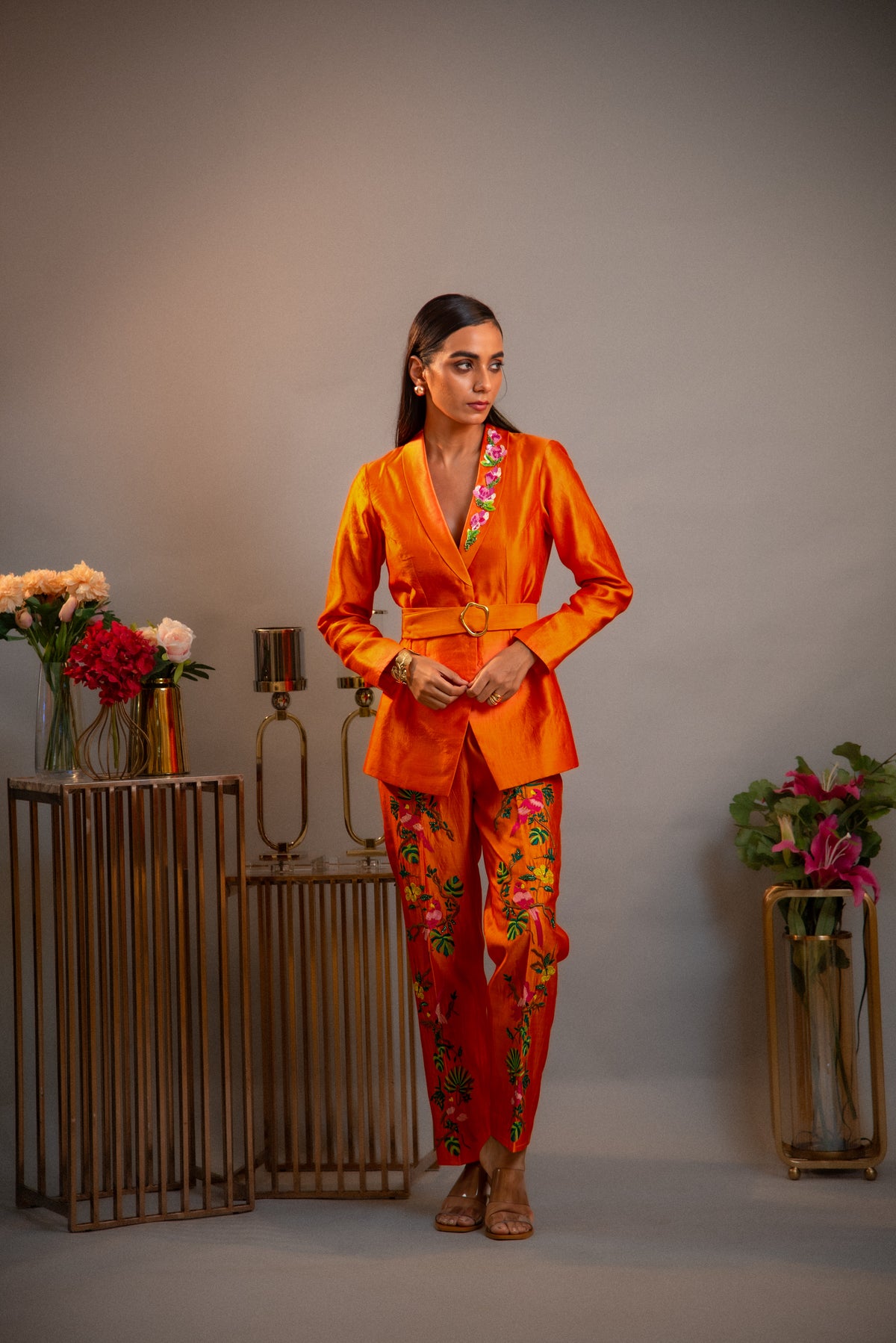 Tangerine Embroidered Blazer Co-ord Set
