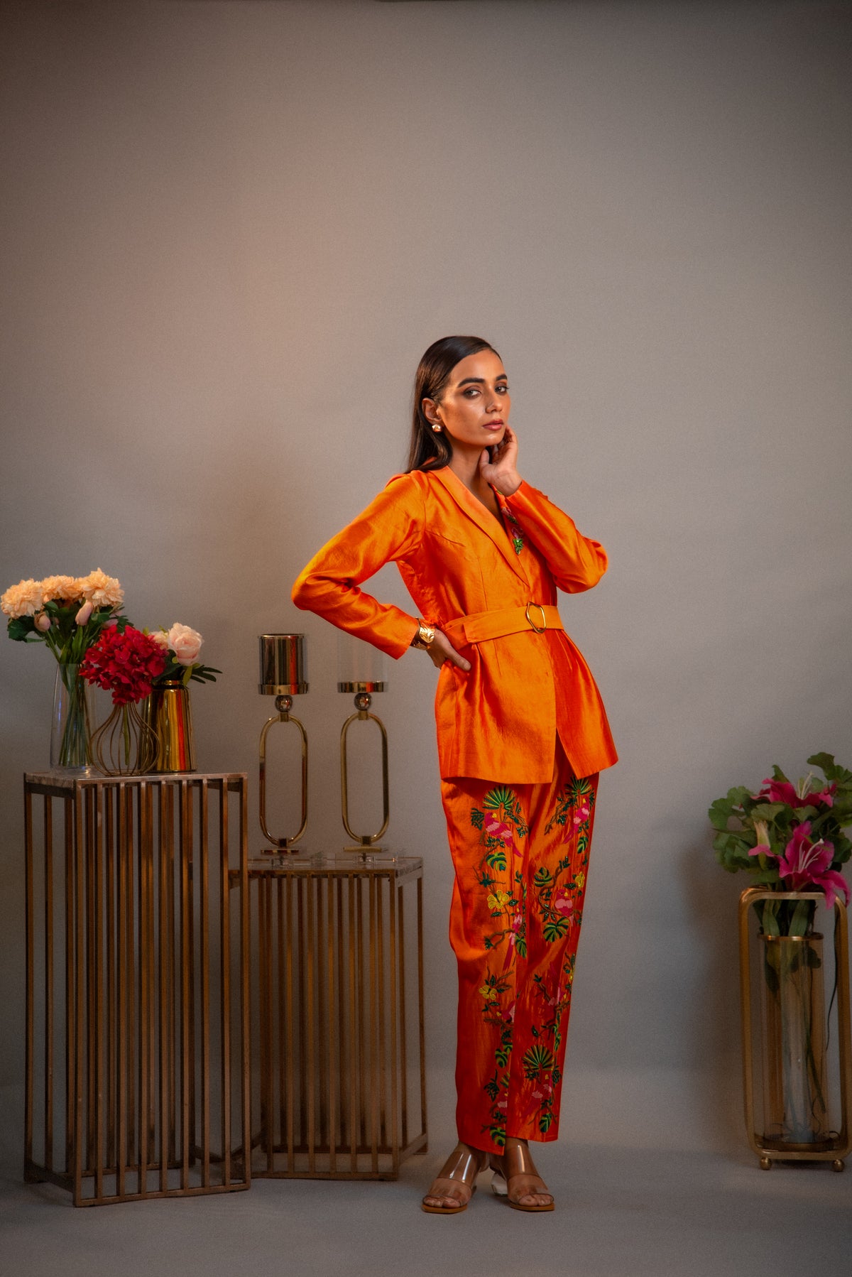Tangerine Embroidered Blazer Co-ord Set