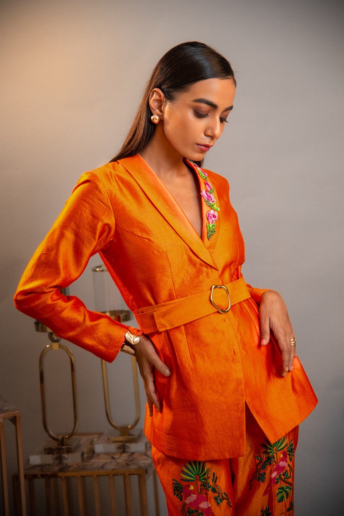Tangerine Embroidered Blazer Co-ord Set