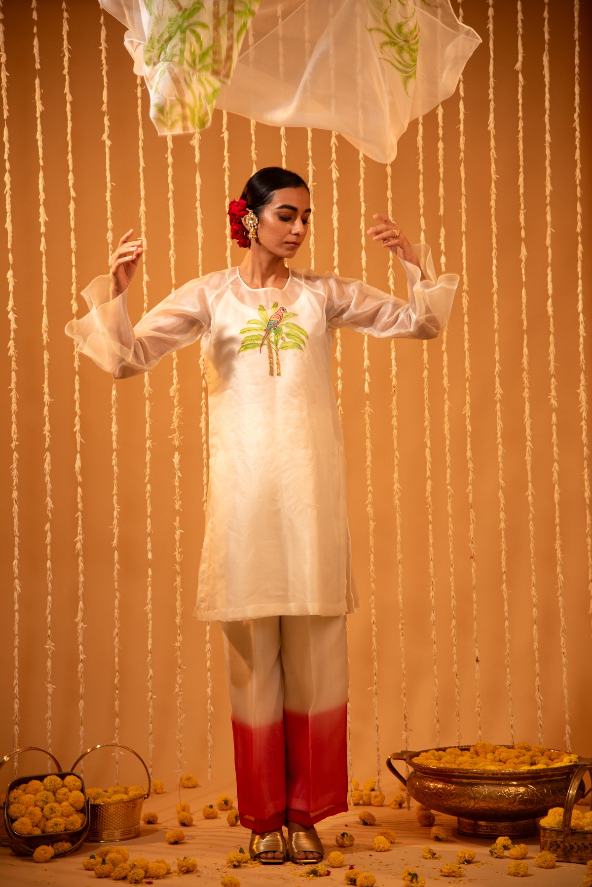 Organza Tropical Hand-Painted Embroidered Kurta Set