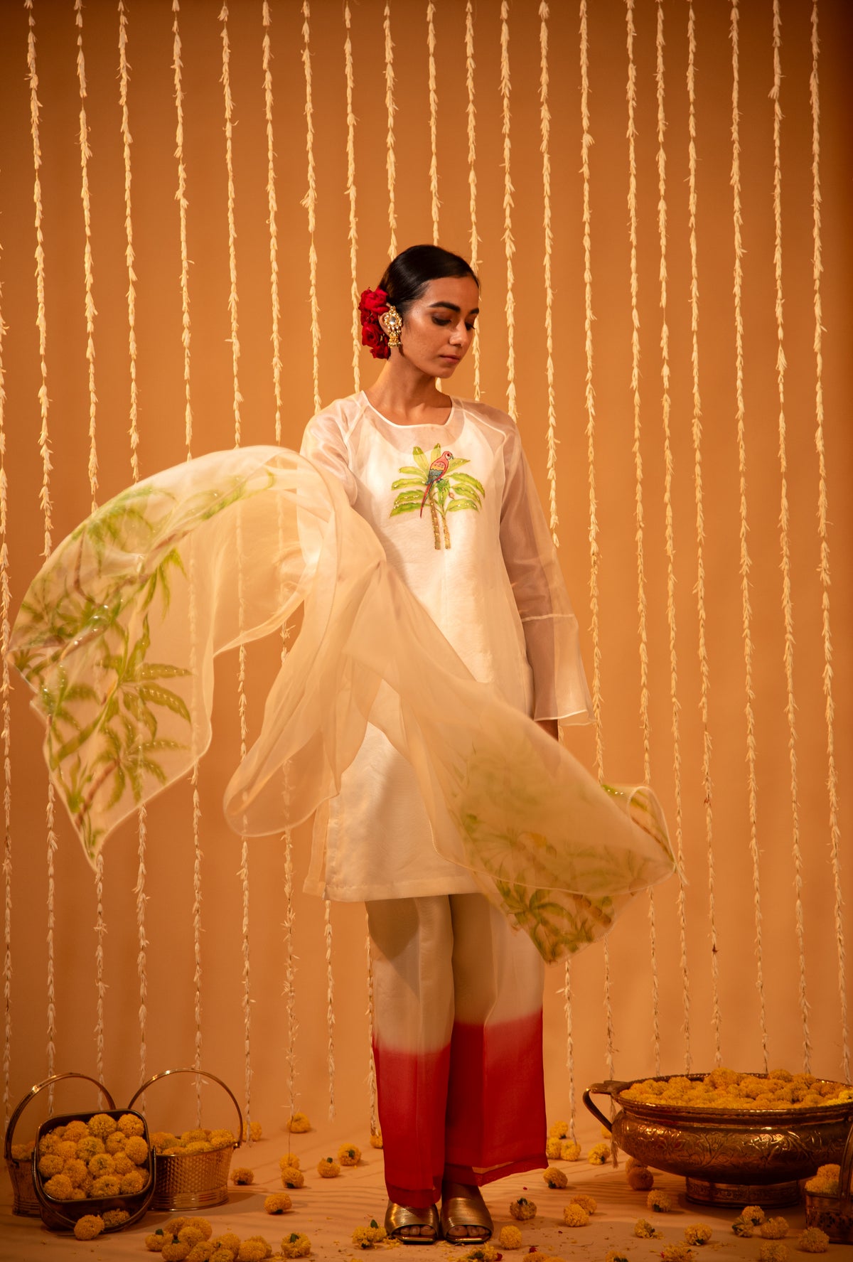 Organza Tropical Hand-Painted Embroidered Kurta Set