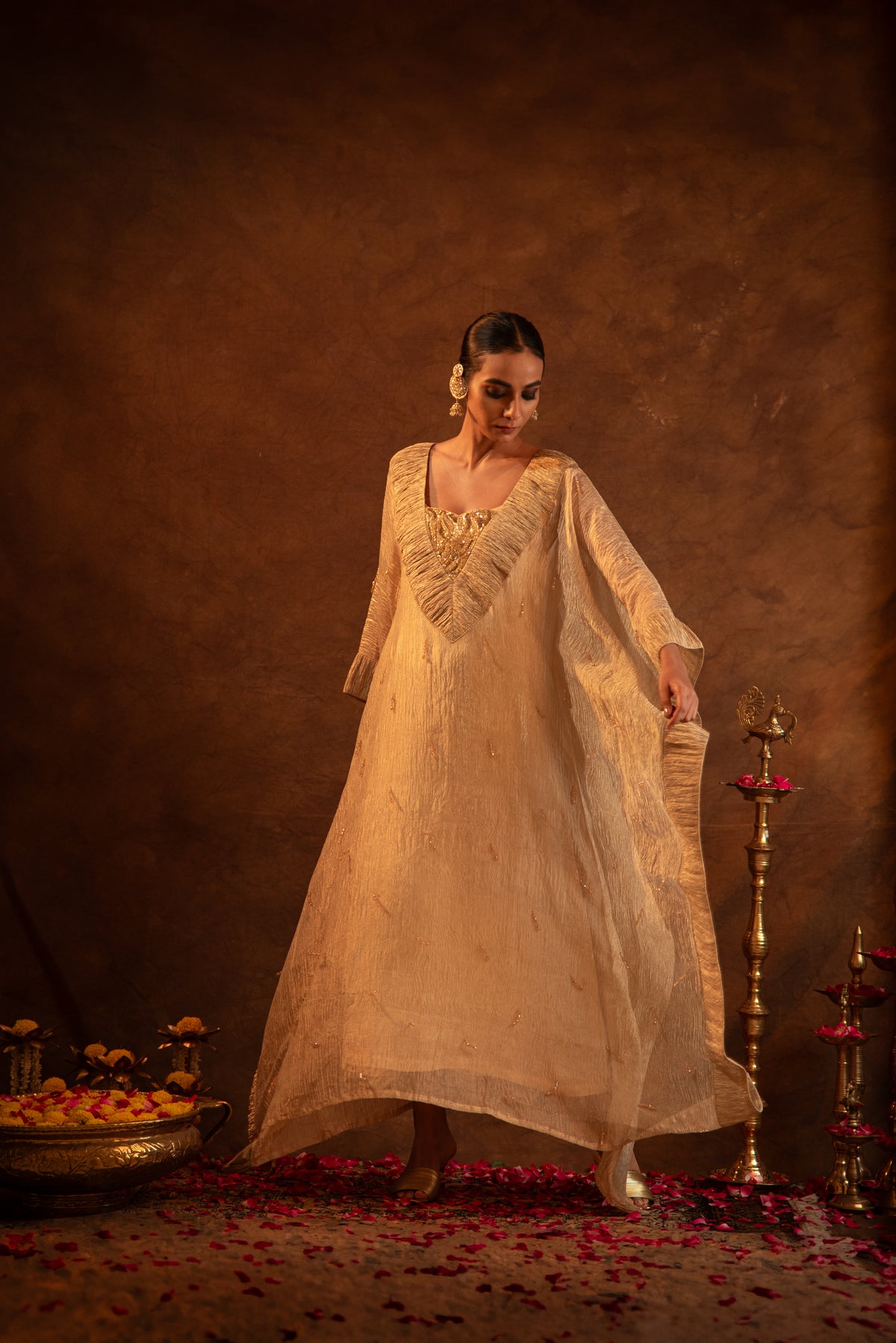 Gold Ruched Crystal Kaftan
