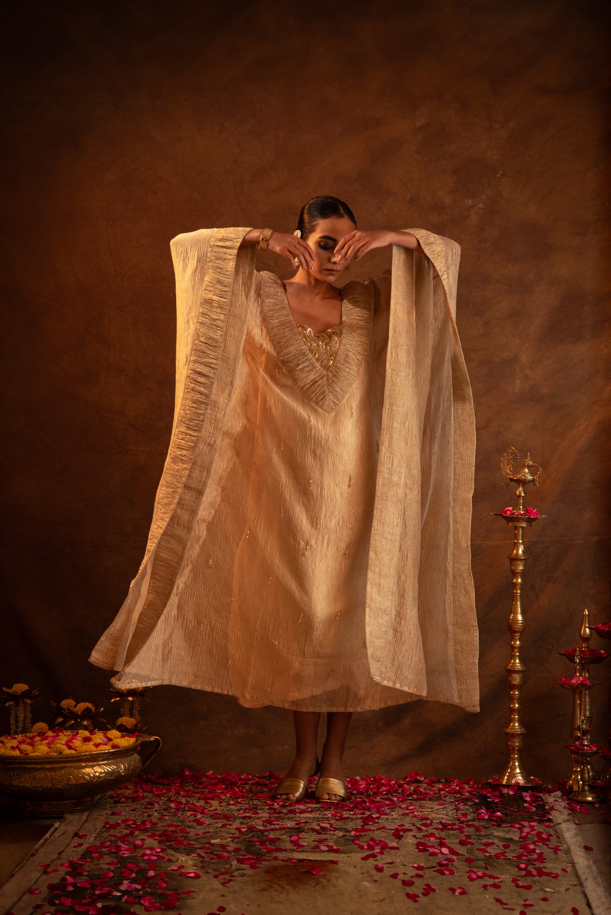 Gold Ruched Crystal Kaftan
