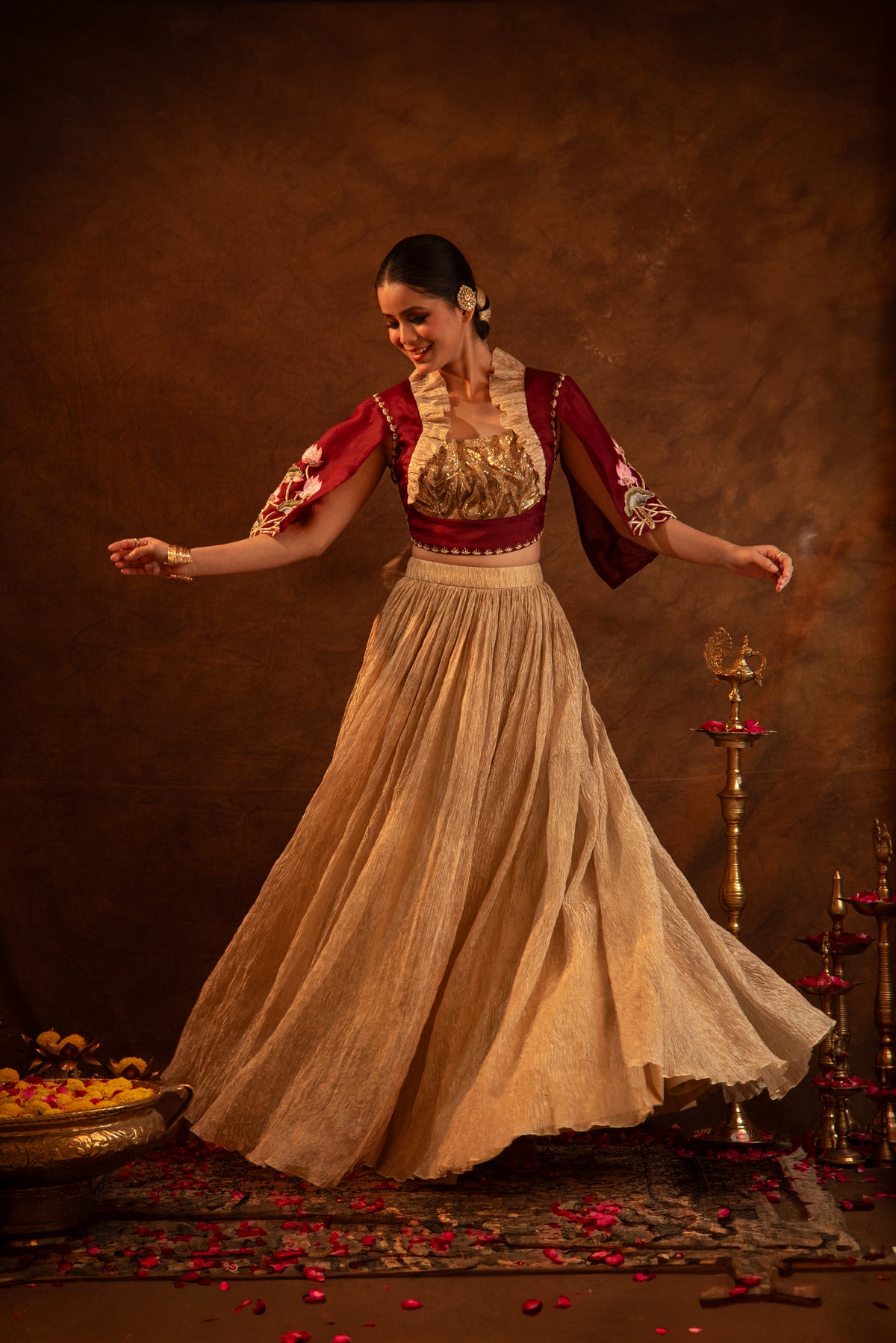 Aureate-Cape Style Embroidered Tissue Skirt Set