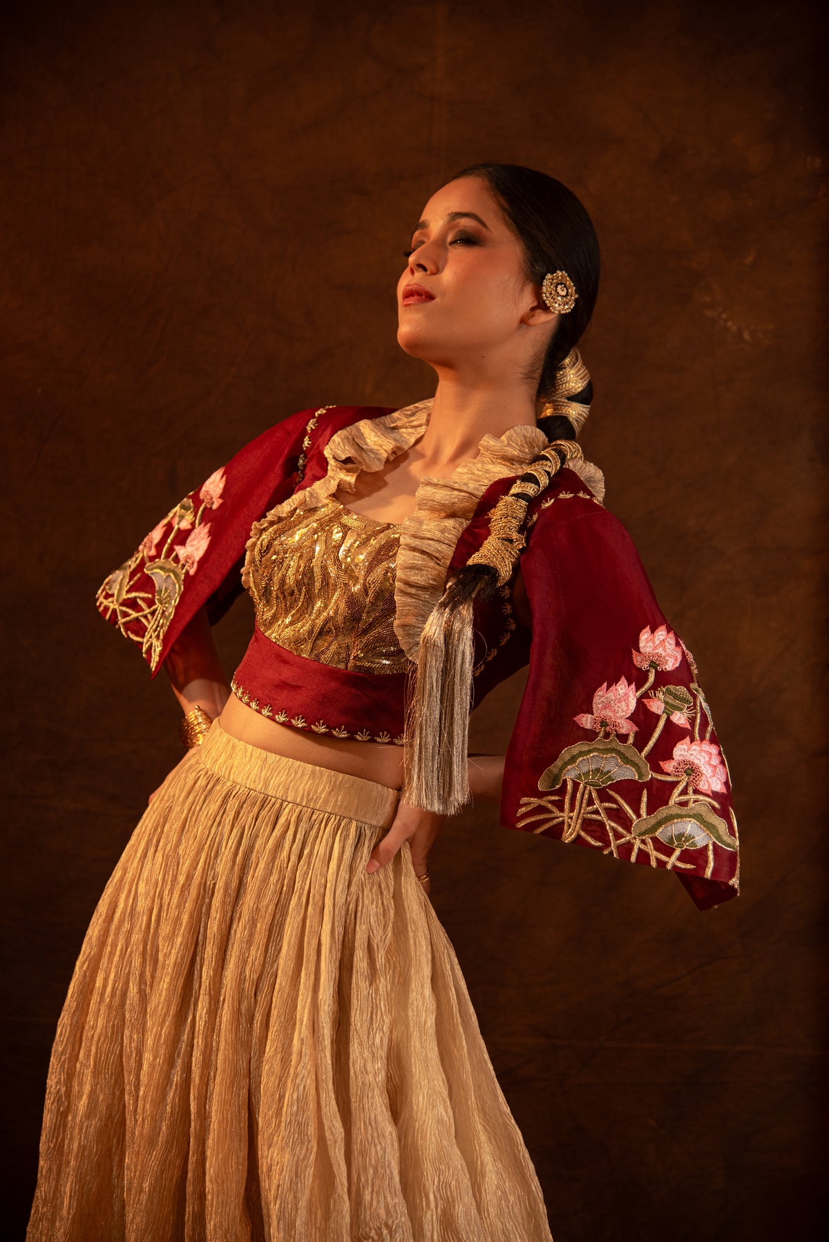 Aureate-Cape Style Embroidered Tissue Skirt Set