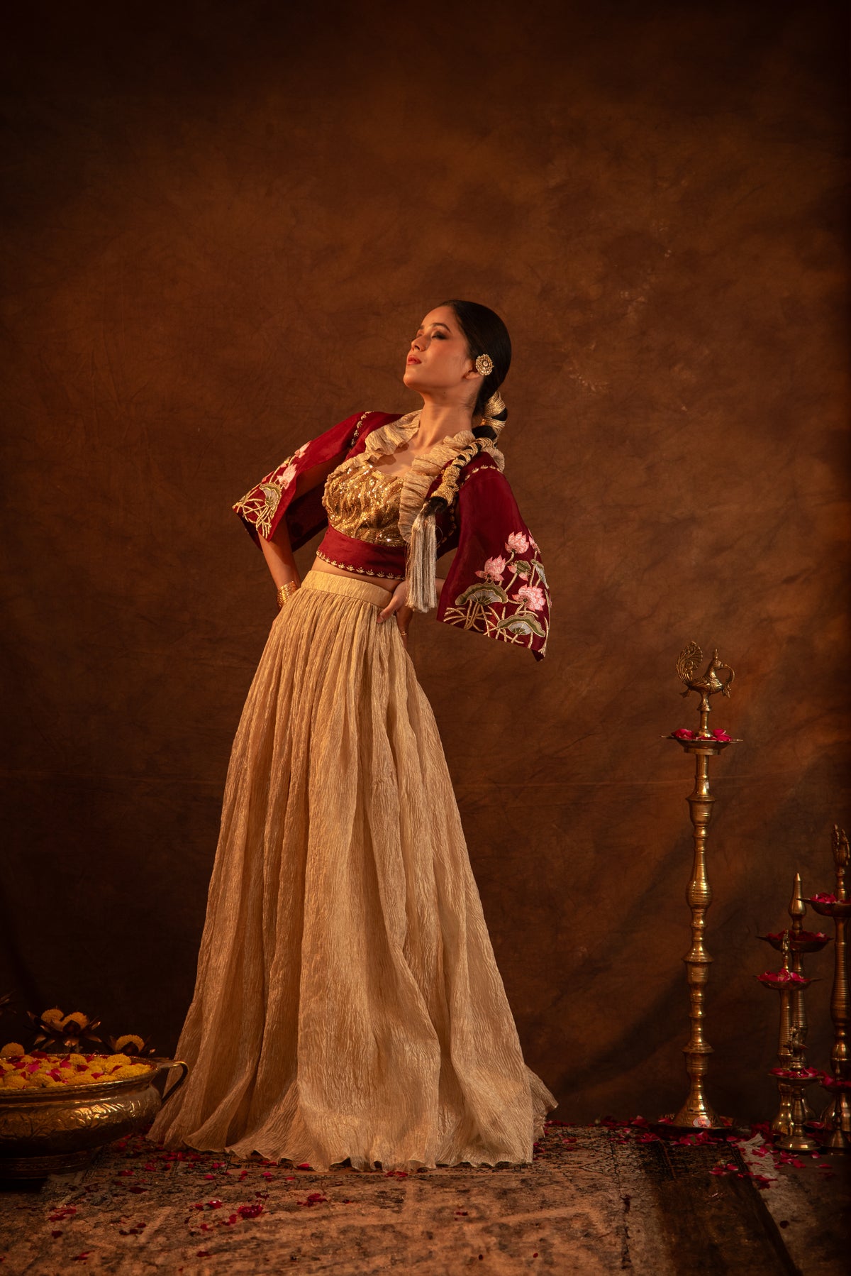 Aureate-Cape Style Embroidered Tissue Skirt Set