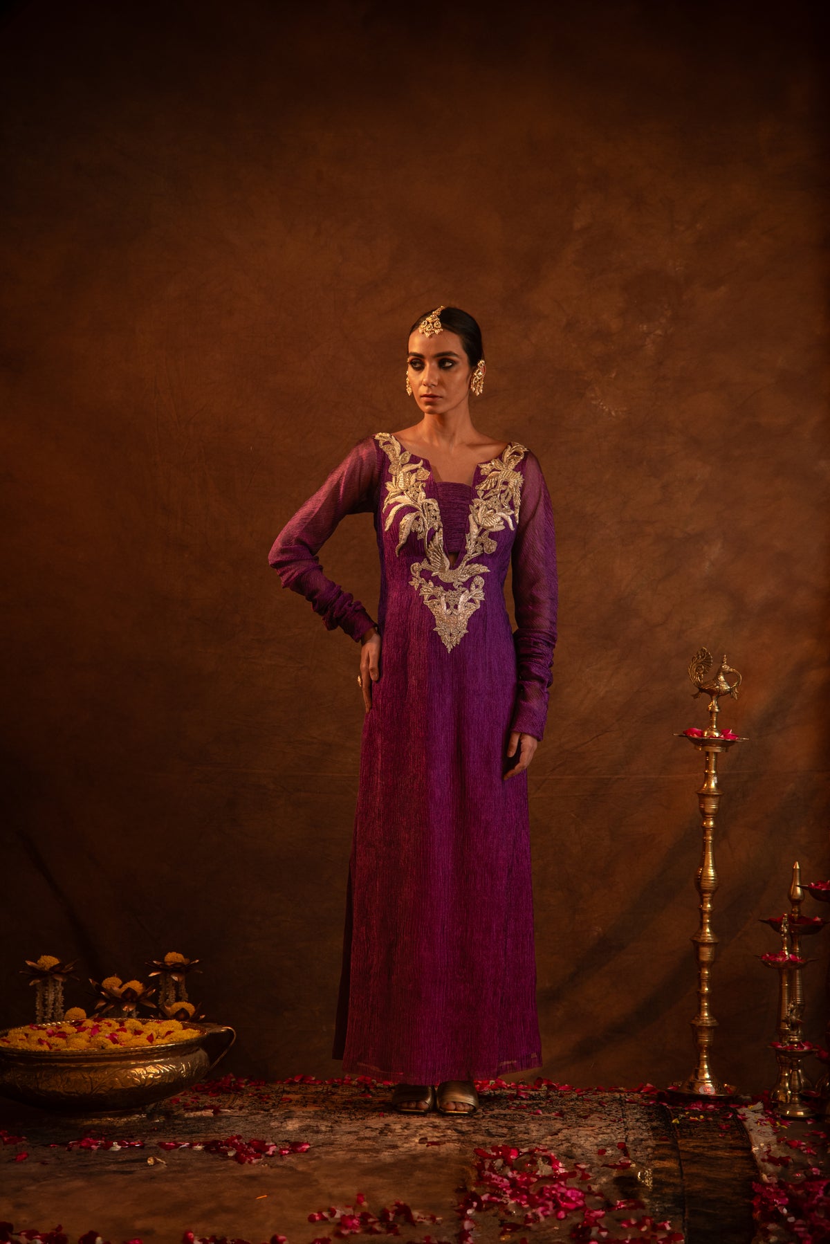 Purple Tissue Swan Embroidered Dress