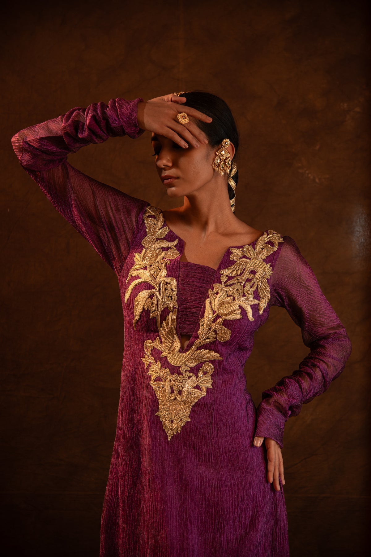 Purple Tissue Swan Embroidered Dress