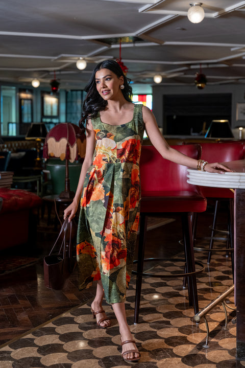 Green Floral Printed Sleevless Dress