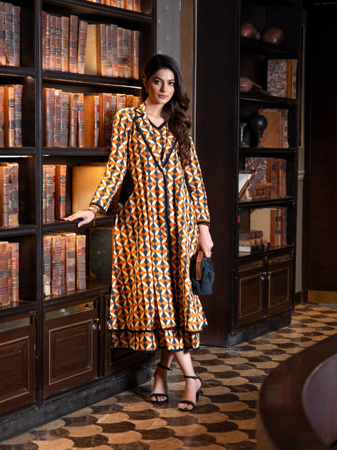 Brown Printed Jacket Dress