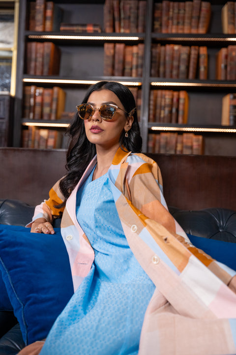 Pink Madras Cotton Checks Long Jacket & Sleevless Dress