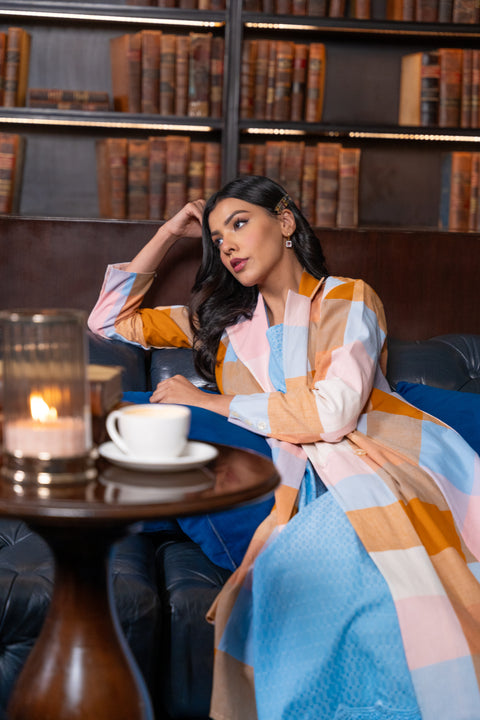 Pink Madras Cotton Checks Long Jacket & Sleevless Dress