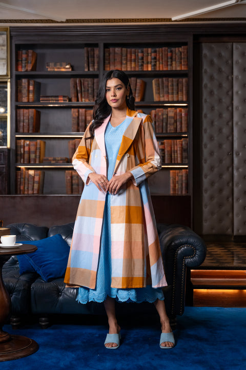 Pink Madras Cotton Checks Long Jacket & Sleevless Dress