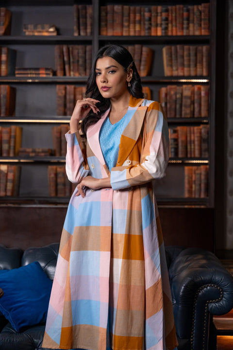 Pink Madras Cotton Checks Long Jacket & Sleevless Dress