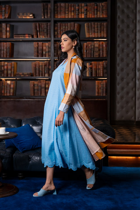 Pink Madras Cotton Checks Long Jacket & Sleevless Dress