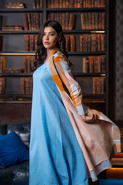 Pink Madras Cotton Checks Long Jacket & Sleevless Dress