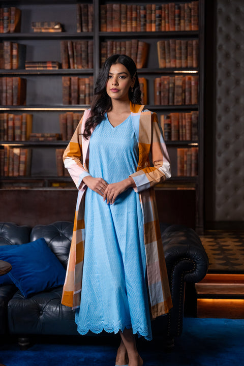 Pink Madras Cotton Checks Long Jacket & Sleevless Dress
