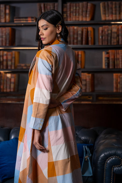 Pink Madras Cotton Checks Long Jacket & Sleevless Dress