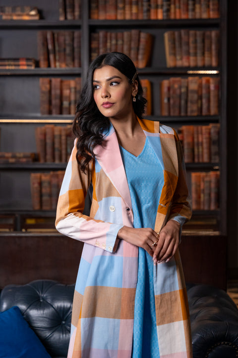 Pink Madras Cotton Checks Long Jacket & Sleevless Dress
