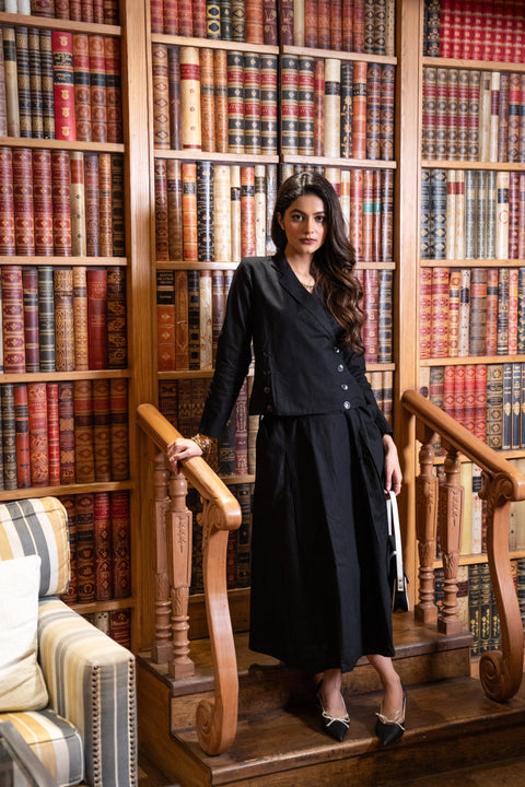 Black Linen Jacket & Skirt Set