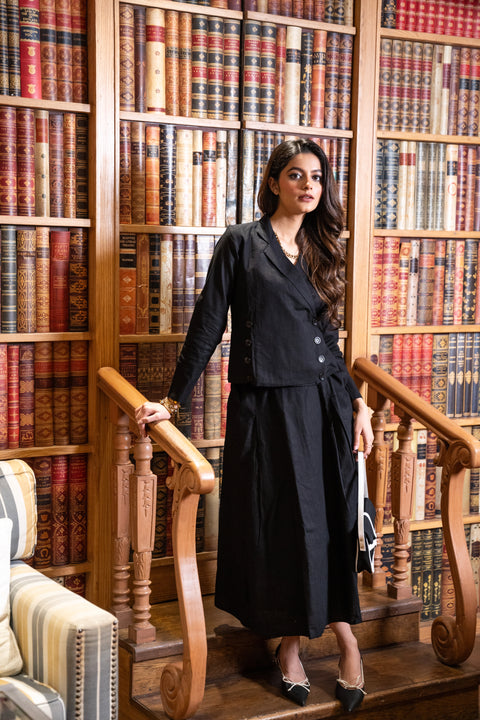 Black Linen Jacket & Skirt Set