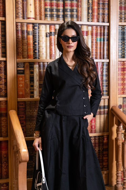 Black Linen Jacket & Skirt Set