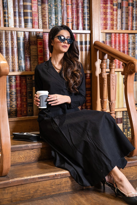 Black Linen Jacket & Skirt Set