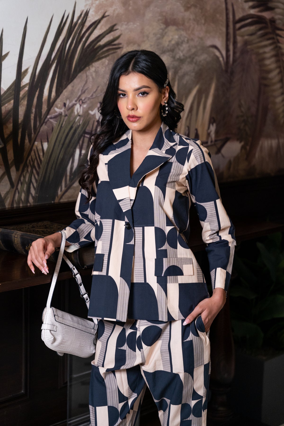 Black & Off White Cotton Jacket & Trousers