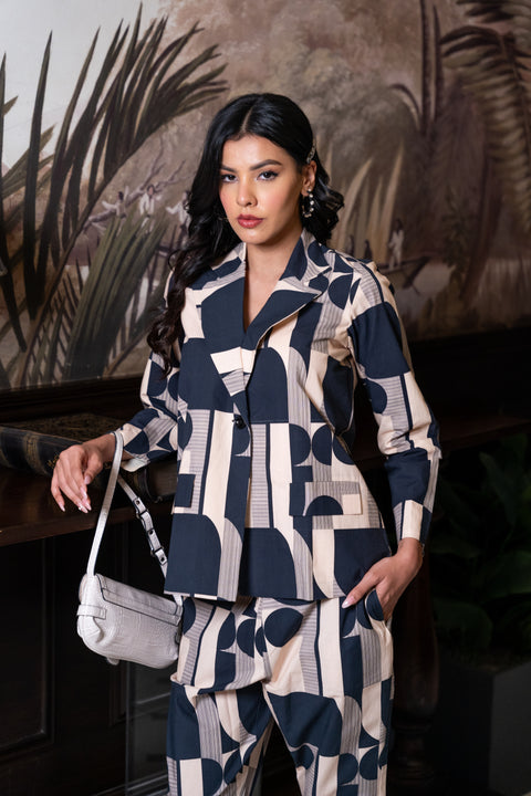 Black & Off White Cotton Jacket & Trousers