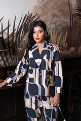 Black & Off White Cotton Jacket & Trousers