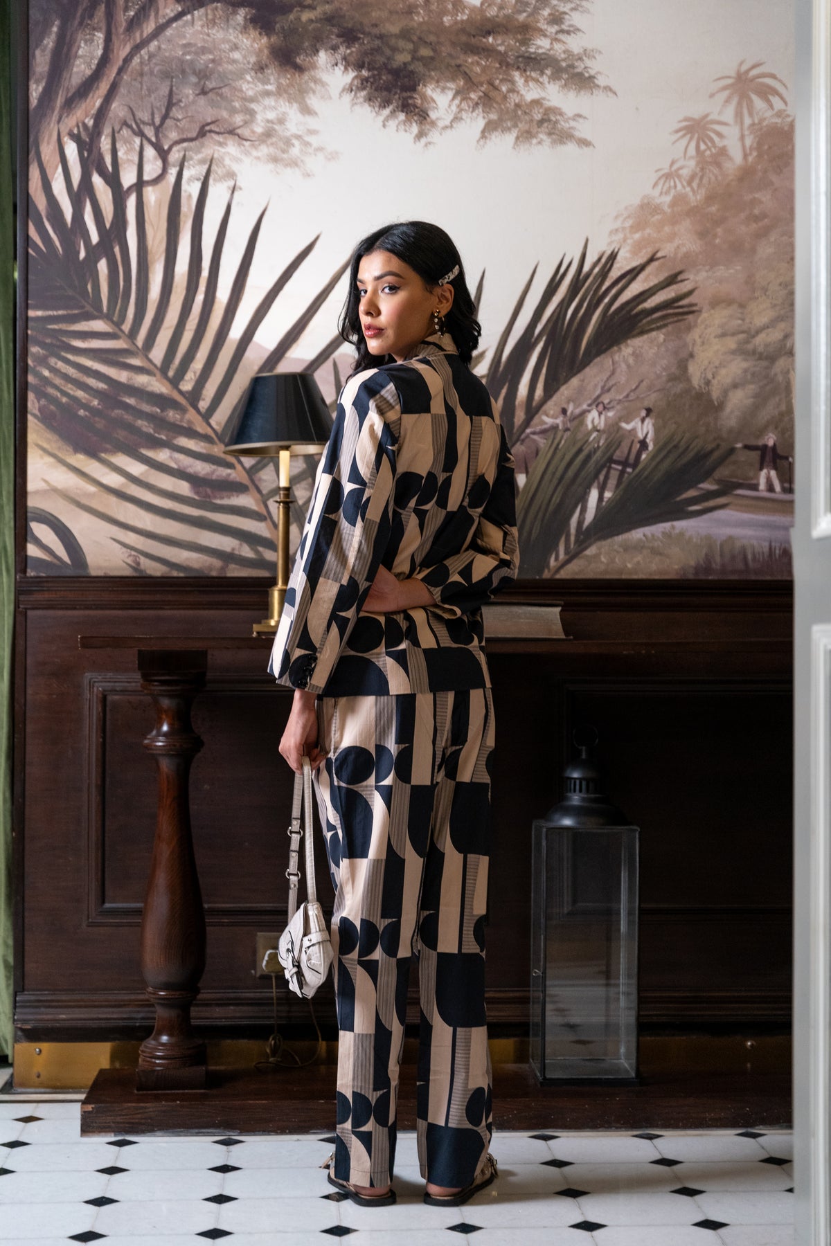 Black & Off White Cotton Jacket & Trousers