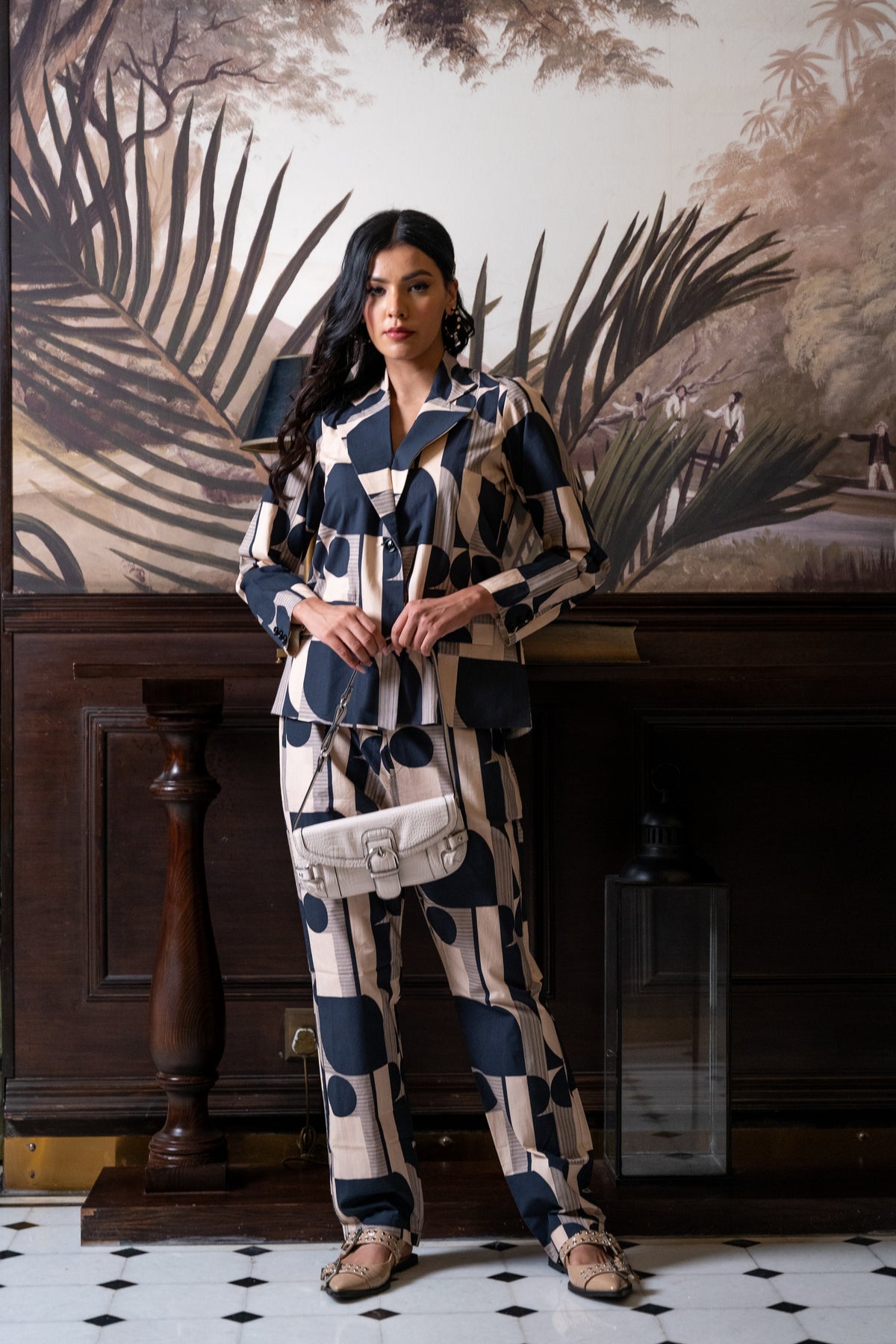 Black & Off White Cotton Jacket & Trousers
