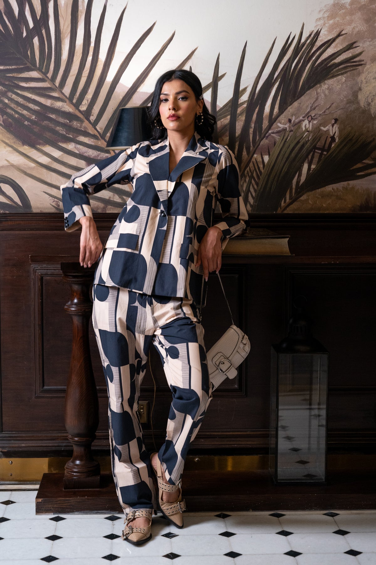 Black & Off White Cotton Jacket & Trousers