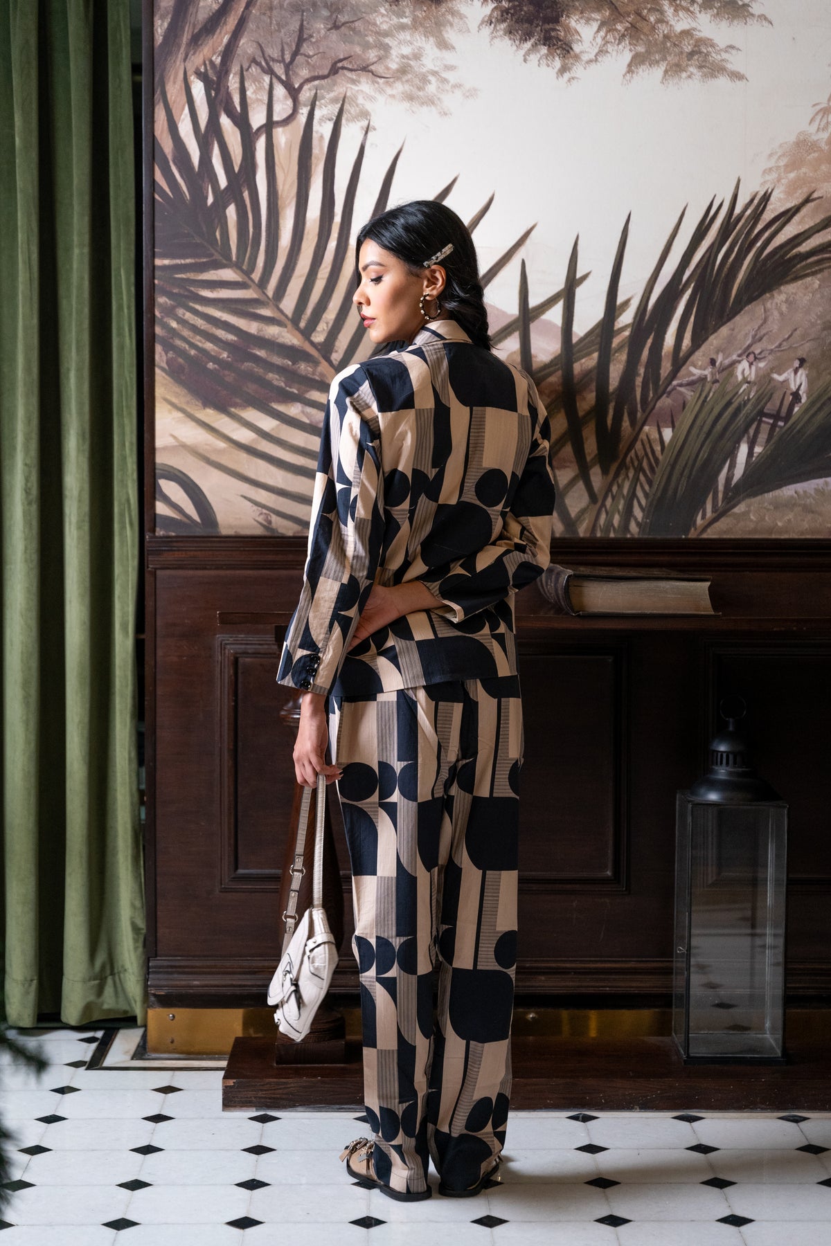 Black & Off White Cotton Jacket & Trousers